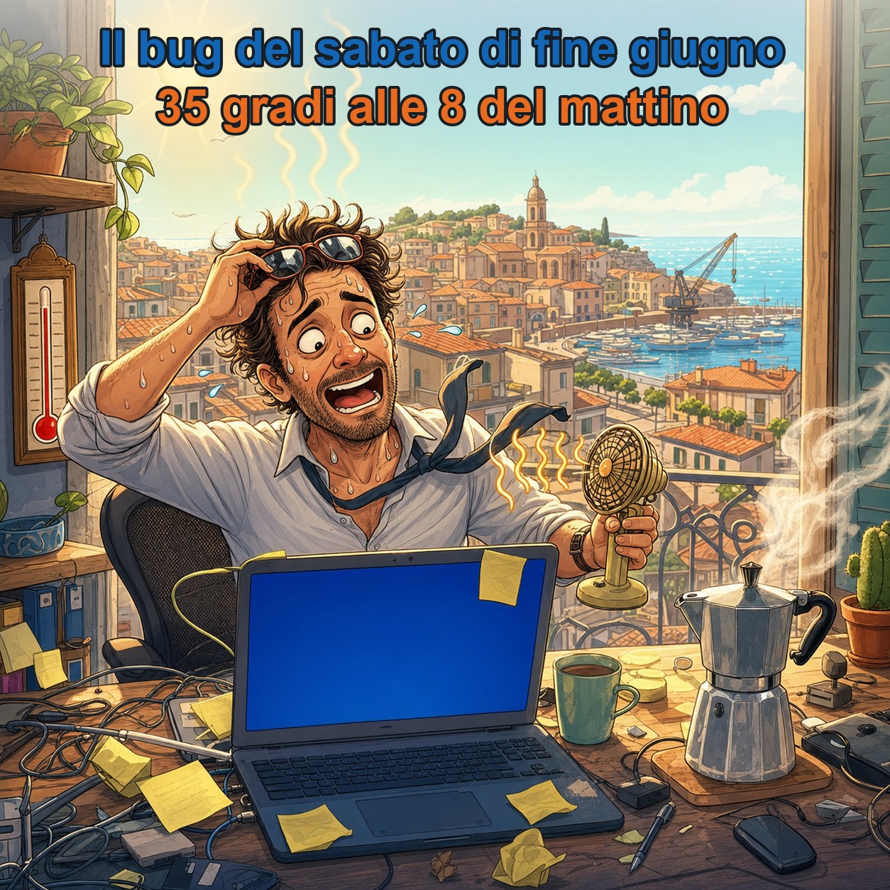 Illustrazione del bug del sabato di fine giugno con caldo, computer in crash e caffè